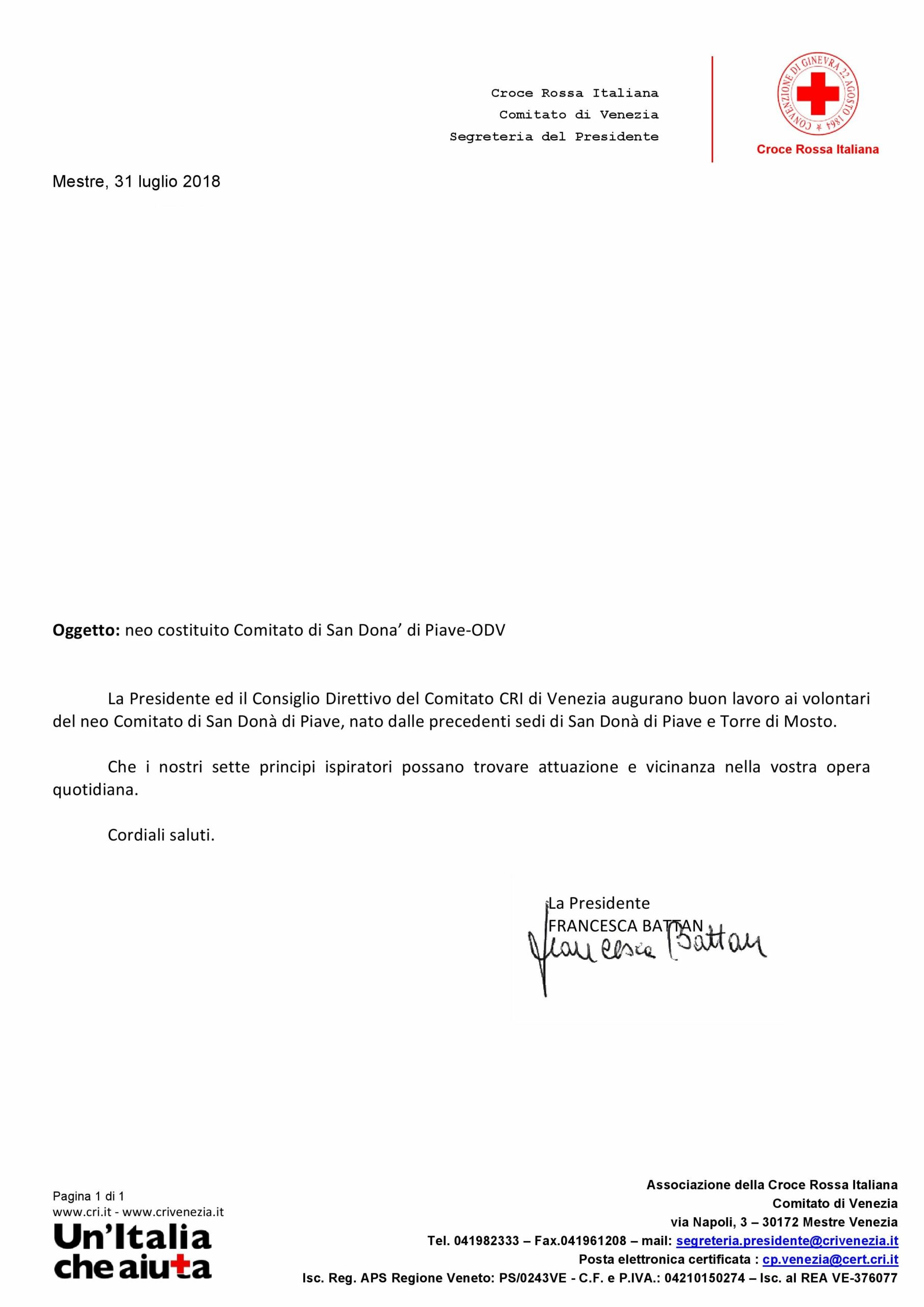 Neo comitato San Donà – lettera della Presidente